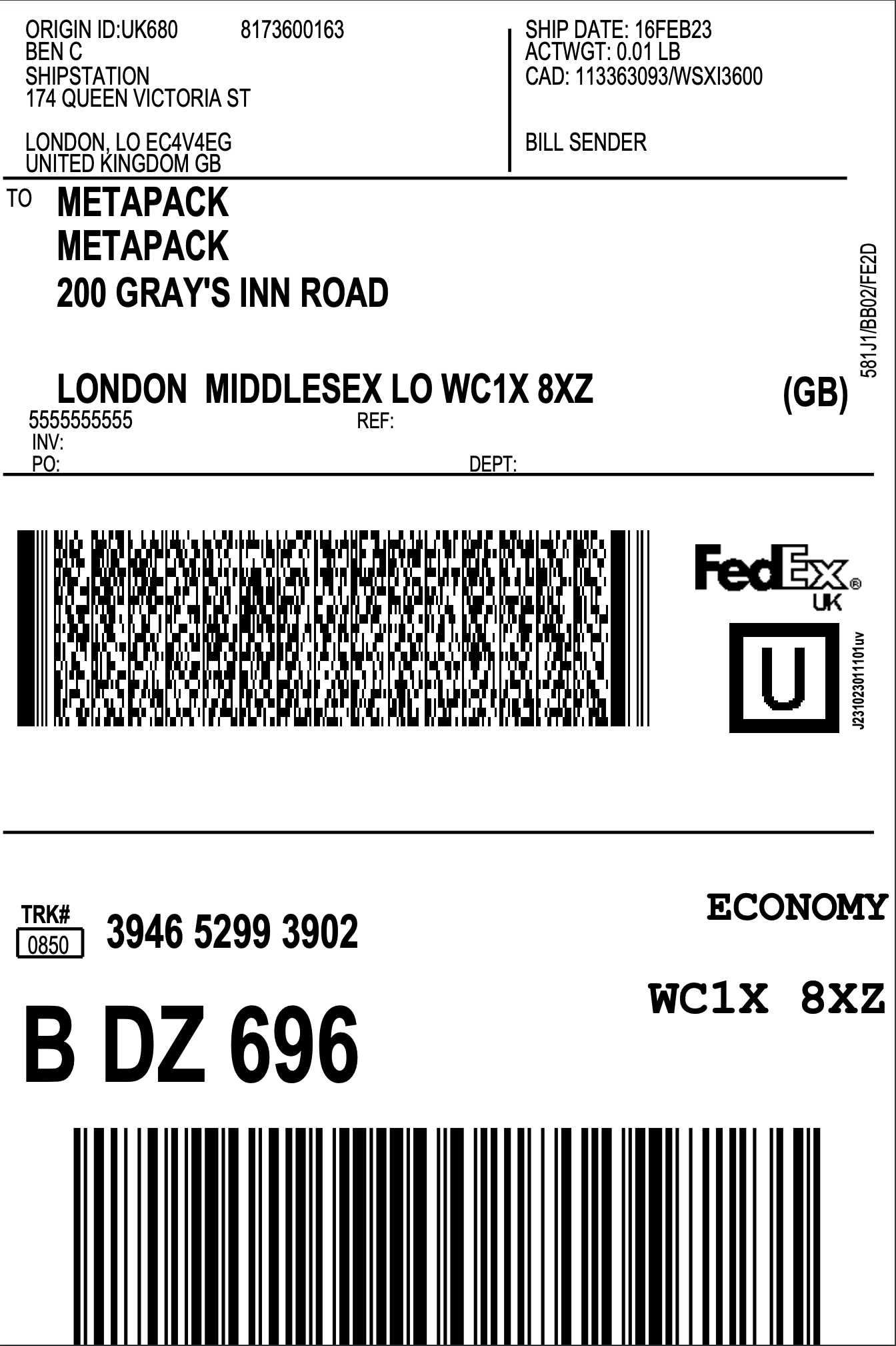 FedEx UK Example Label